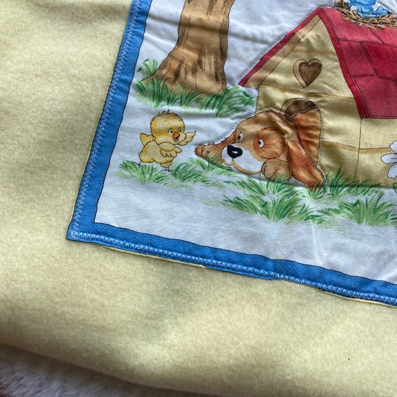 Vintage Hand Crafted Yellow Baby Blanket Animal Appliques Satin Edge Floor Time - Picture 15 of 16
